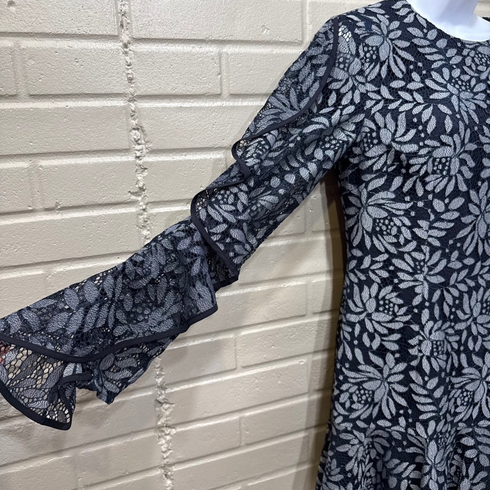 KEEPSAKE Engage Lace Long Sleeve Dress Floral Ruffle Mini Navy Blue Med - Picture 5 of 16